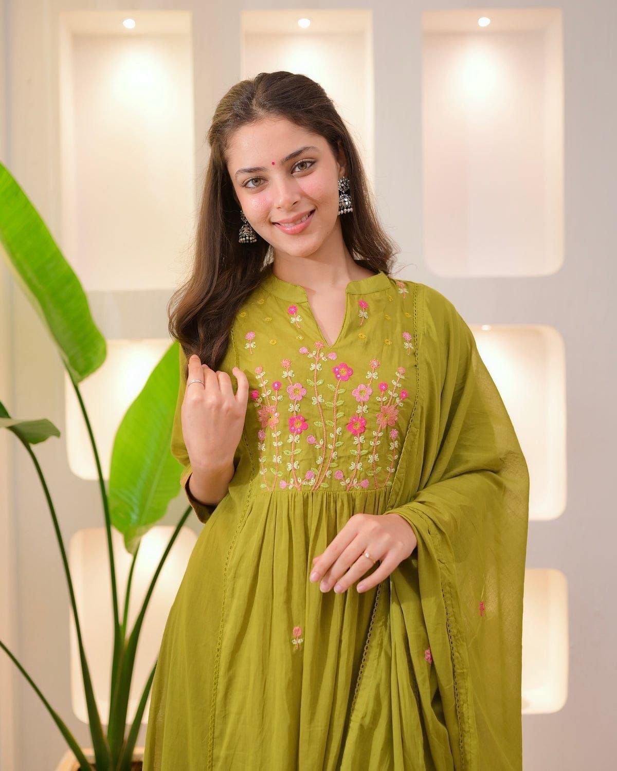 Green Cotton Embroidered Kurti Set with Pant & Dupatta
